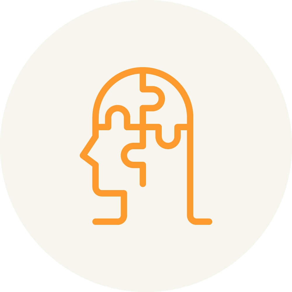 An orange outline of a human head with interconnected lines resembling a circuit, suggesting a concept of artificial intelligence or brain technology, set against a light circular background.