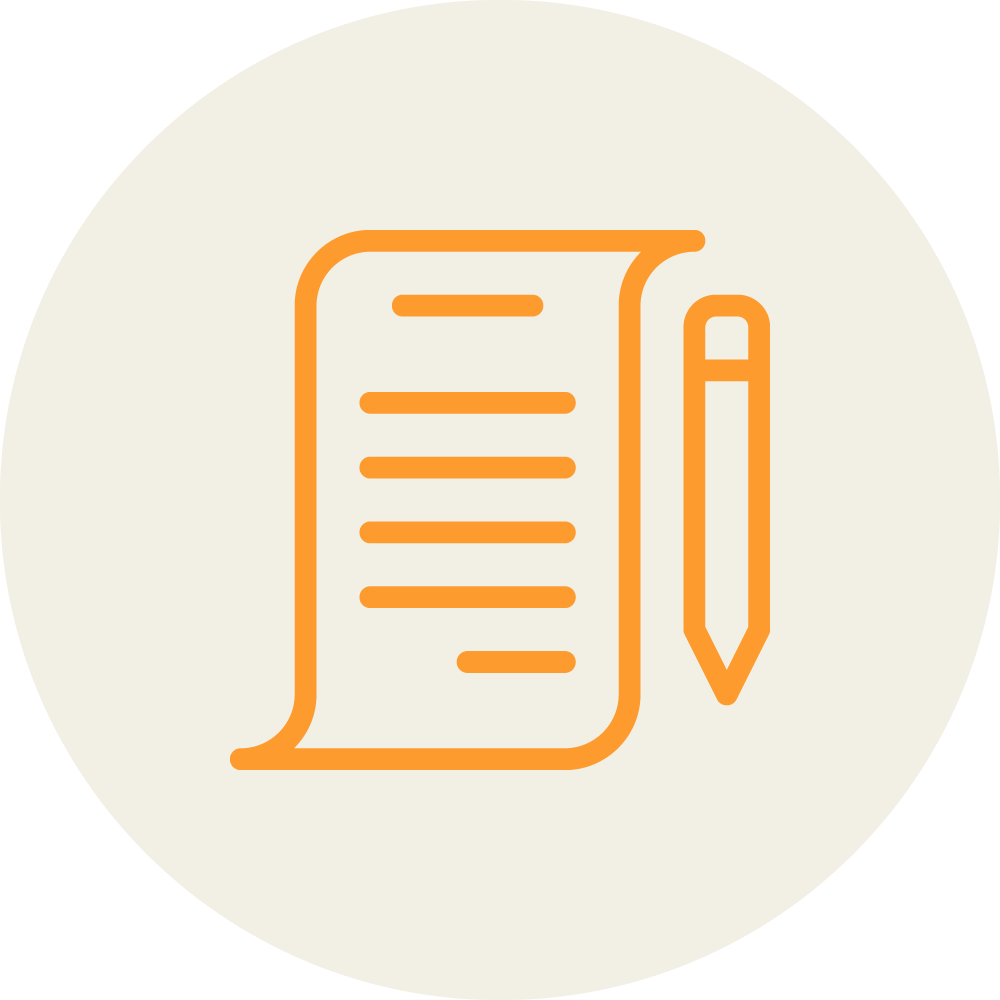 Icon of a rolled-up paper with text lines beside an upright pencil, all in orange. The design is enclosed within a light beige circle.