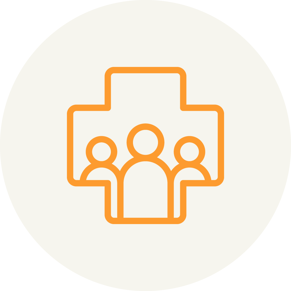 Icon depicting three people figures outlined in orange, linked together inside a cross-shaped border on a light gray circular background.
