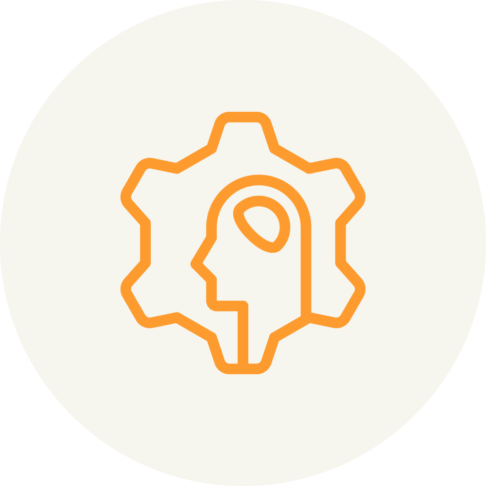 An orange outline of a head and light bulb inside a gear, symbolizing innovation and creativity, on a light beige circular background.