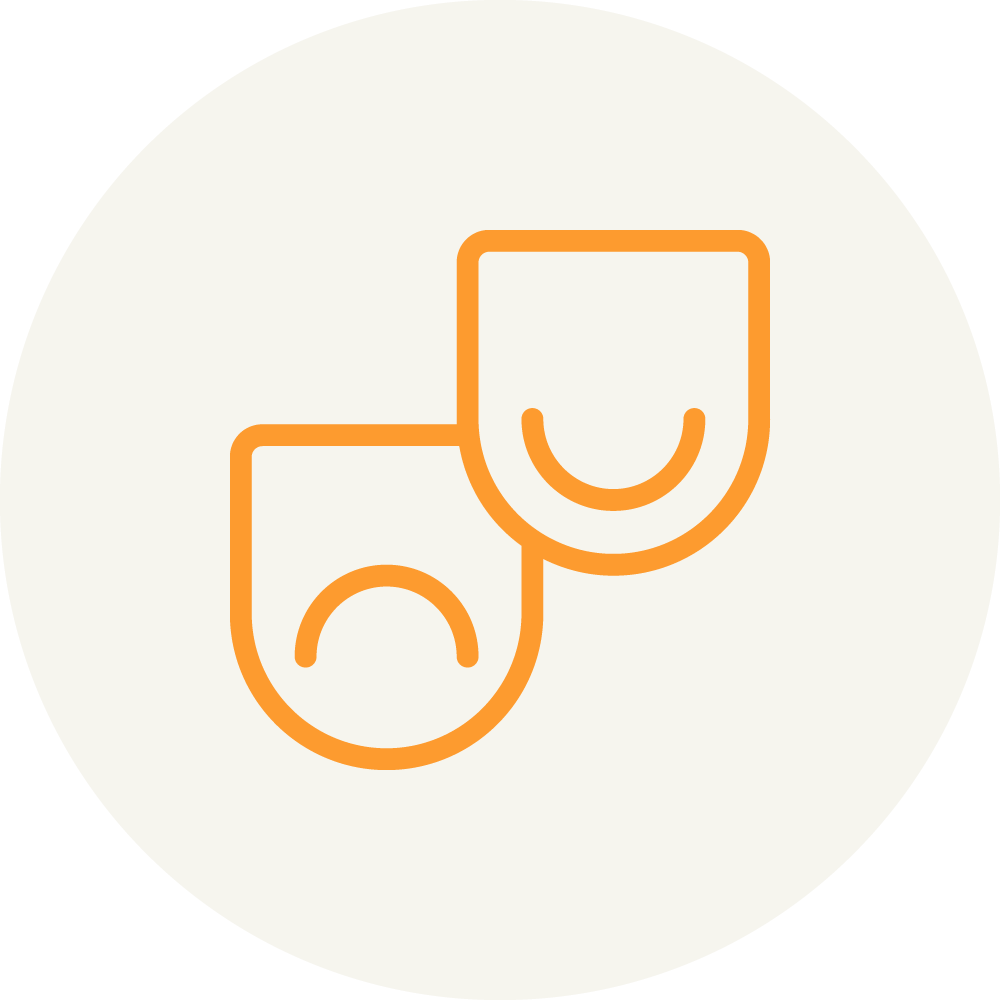 Two overlapping orange shield-like icons on a light gray background. Each shield has a smiley face inside, with the top shield slightly to the right and above the bottom one.