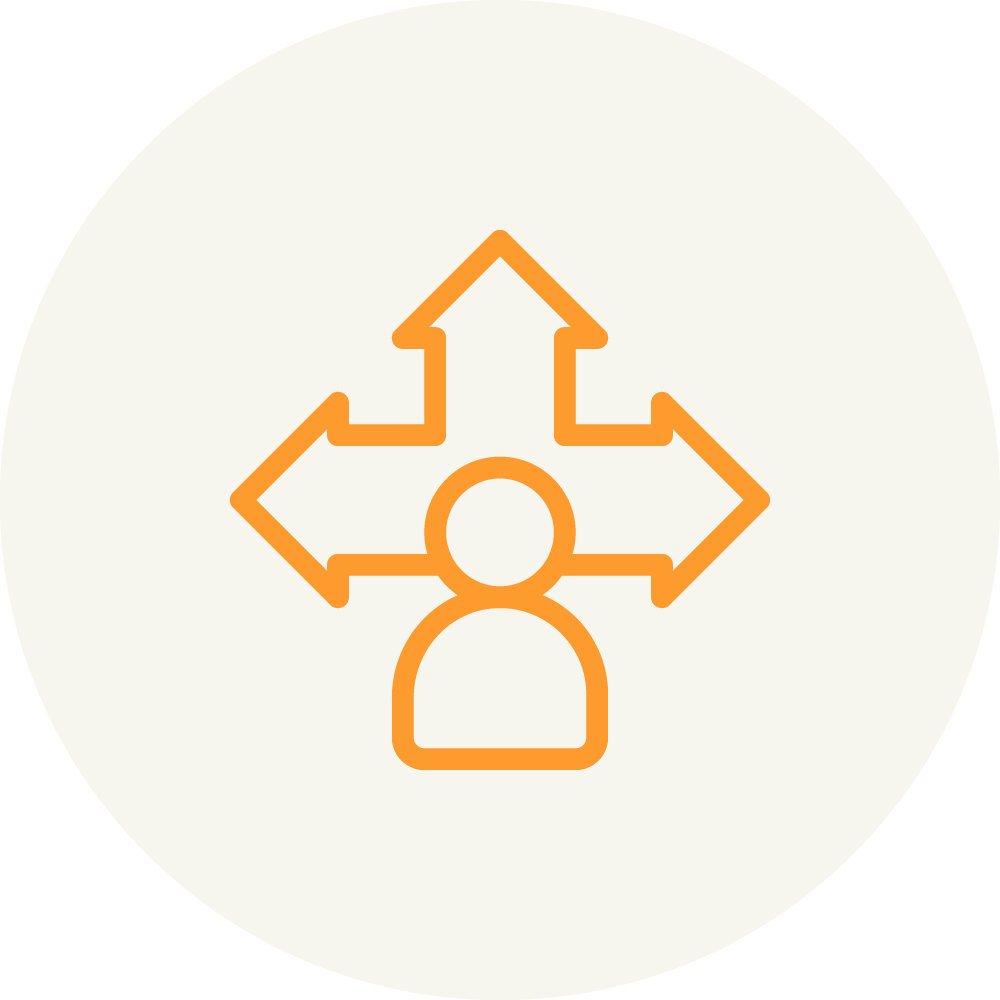 A simple icon of an orange person with three arrows pointing upwards and to the sides, on a light beige circular background.
