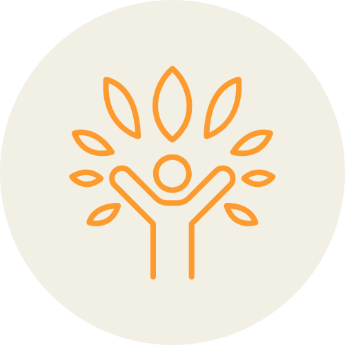 Stylized icon of a person with arms raised, surrounded by symmetrical leaf-like shapes, resembling a tree. The design is in orange on a beige circular background.
